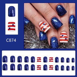 CJDLTS Independence Day Press on Nails Short Square Blue Stars Stripes Pattern Design 4th of July Patriotic Fake Nail 24Pcs Full Cover Glossy Holiday Artificial Acrylic Glue on Nail for Women Manicure