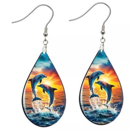 the fun things Dolphins At Sunset Earrings Teardrop NO TARNISHING Wood Dangle Watercolor