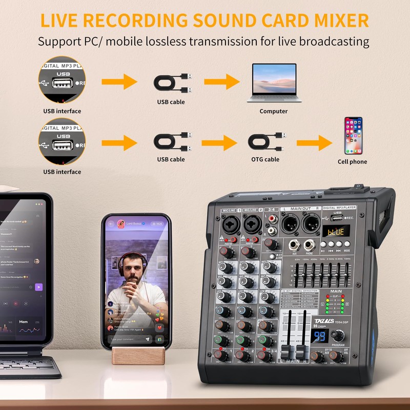 TKLBLS Audio Mixer, 4 Channel Sound Board Mixing Console with
