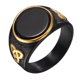 Oidea Black Onyx Rings for Men: Round Agate Stone Celtic Knot Viking Rings Cocktail Party Signet Rings Thumb Band Stainless Steel Mens Jewelry Gifts for Dad Husband Size 11
