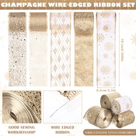 Crowye 5 Roll 50 Yard Christmas Decor Wire Ribbon 2.5 Inch Glitter Metal Mesh Ribbon Christmas Decoration Tree Bow Classification Glitter Wreath Gift Packaging Ribbon Craft Project DIY(Champagne)
