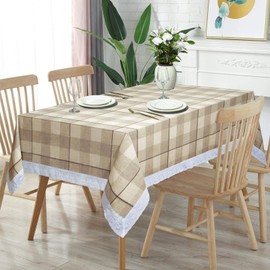 JUCFHY 100% Waterproof Rectangle Vinyl Tablecloth,Flannel Backed PVC Table Cloth Oil Proof Spill Proof Wipe Clean Durable Table Cloths for Indoor and Outdoor Use(Khaki Check,60X120IN)