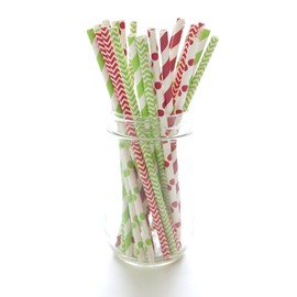 Christmas Straws - 25 pack Red & Green Holiday Vintage Party Supplies Santa & Elf Straws