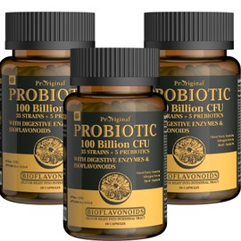 Organic Probiotics for Women & Men, 100 Billion CFU Probiotic for Digestive, Gut & Immune Health - with Prebiotics, Bioflavonoids & Digestive Enzyme, 35 Strains Raw Probiotic Supplement, 180 Caps