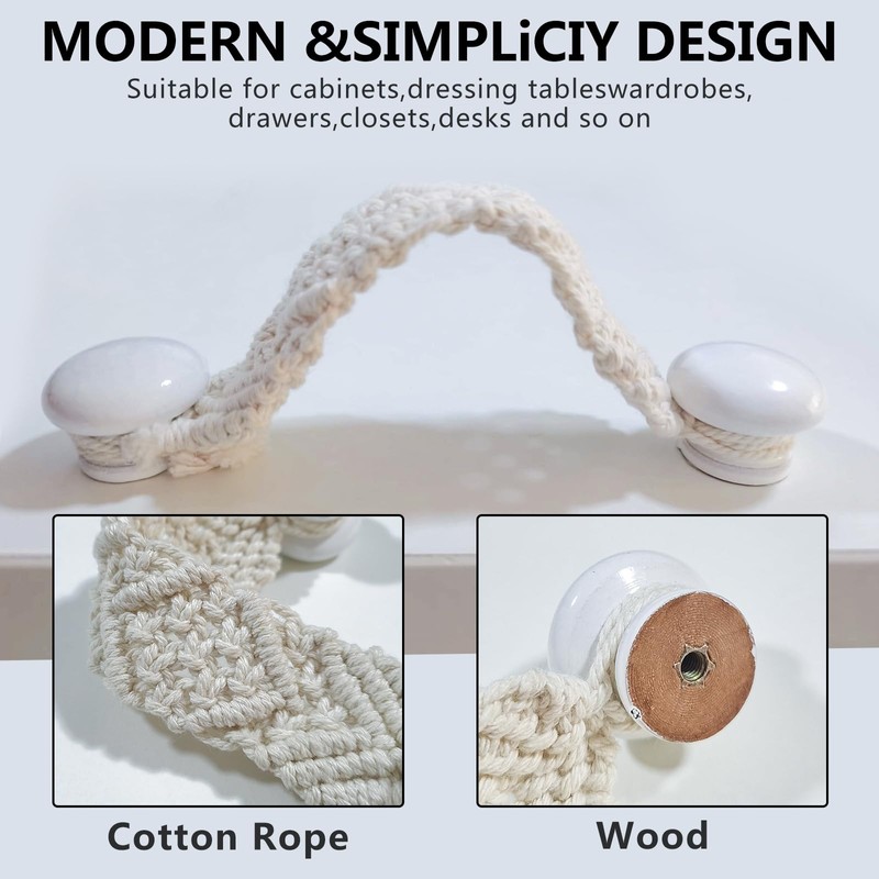 RFORPLY Bohemian Style Braided Rope Wooden Pulls, 4 Pack Cabinet