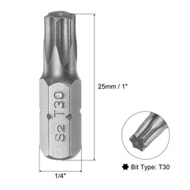 uxcell Torx Bits 1/4 Inch Hex Shank 25mm Length Magnetic Screwdriver T30 Screw Driver Bit S2 Alloy Steel