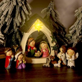 Qulable 12 Pcs Nativity Set for Kids-Small Nativity Sets & Figures with LED Lights-Nativity Scene Indoor-Tabletop Figurines Nativity Playset-Small Nativity Playset Figures for Christmas Indoor(Resin)