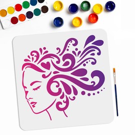 MAYJOYDIY Template for Curly Women 30×30cm Lady Line Art Face Stencil with Brush for Painting on Wood, Canvas, Paper, Fabric, Floor, Wall