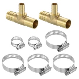 QUARKZMAN Pack of 2 Brass Hose Barbs, 3-Way T-Piece 3/4 Inch x 1/2 Inch x 3/4 Inch T-Piece Brass Hose Barb Reducer with 6 Pieces Hose Clamps for Water Fuel Air
