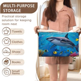 Shark Pattern Storage Basket Large 17x11.5x10.5 Inches -Collapsible Fabric Organizer Bin with Handles for Kids Room, Underwater Theme, Boys Room-Decorative Hamper with Marine Life Graphics-Single Pack