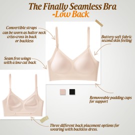 Low Back Bra for Women Wirefree Seamless Bra Backless Multiway Straps Convertible Halter Bra with Padded Removeable Beige