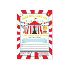 25 Carnival Circus Elephant, Lion Carousel Ticket Striped Kids Birthday Party Invitation, Vintage Themed Girl or Boy Invite Idea, Baby Shower Children or Toddler Bday Card, Printable Template Supplies