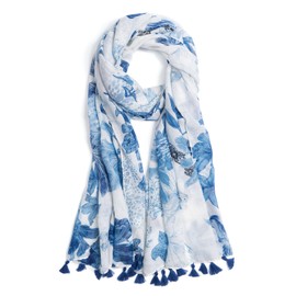 QIUTIMIY Scarf for Women Lightweight Soft Floral Printed Scarves Fall Winter Fashion Shawl Wrap with Fringe(Flower-White Blue)