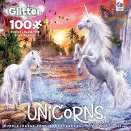 Ceaco - Unicorns Glitter - Unicorn Waterfall Sunset - 100 Piece Jigsaw Puzzle