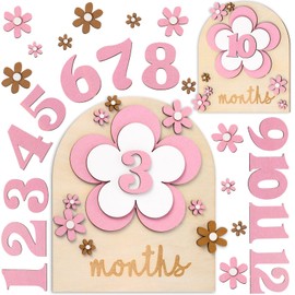 Wonderjune 26 Pcs Baby Monthly Milestone Cards Set, 7 x 6 Inch Wooden Monthly Milestone Discs Milestone Wooden Circles One Month Baby Sign Milestone for Girl(Flower)