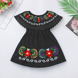 ABAFIP Baby Girls Mexican Dress Kids Toddler Off Shoulder Sleeveless Ruffle Floral Embroidery Traditional Fiesta Festival Dress Black 18-24 Months