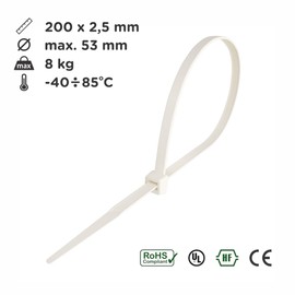 Zip Ties 200mm x 2.5mm White - 8” Premium Neutral Plastic Cable Ties, 200 mm Nylon Natural Tie Wraps, Pack of 100 Pieces by intervisio