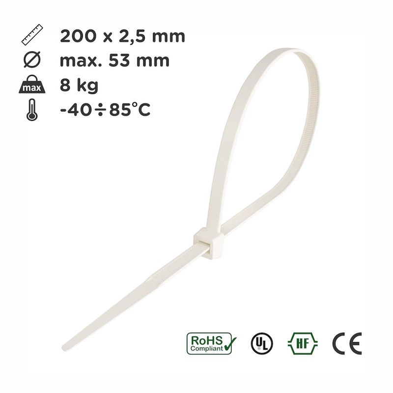 Zip Ties 200mm x 2.5mm White - 8” Premium Neutral