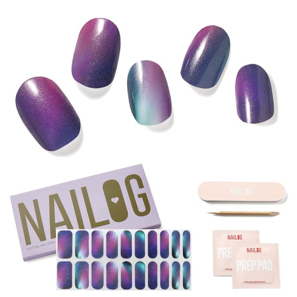 NAILOG Semi Cured Gel Nail Strips 20pcs Long Lasting Nail Polish Strips, Buy 2 Get 1 UV Lamp, Nail Art Wrap Kit with Glossy Gel Finishing│Aurora
