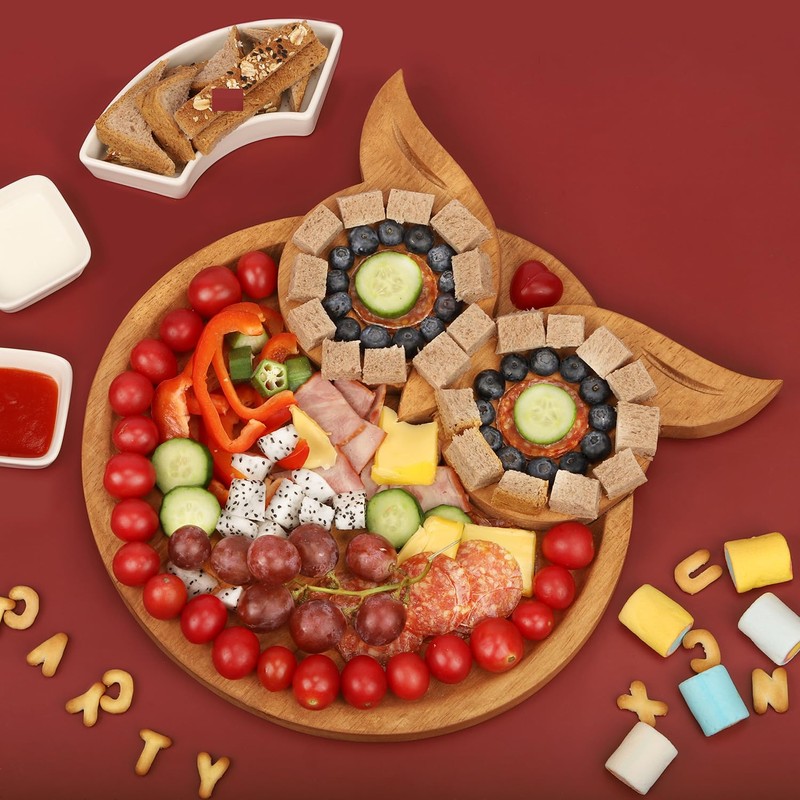 Owl-Shaped Wooden Charcuterie Board, 12" Cheese & Meat Platter, Large