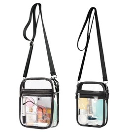 Aucuu 2Pcs Clear Crossbody Bag, Stadium Approved Clear Purse Bag With Adjustable Shoulder Strap, Messenger Bags Transparent Shoulder Case for Concerts Sports Events Festival（Black）
