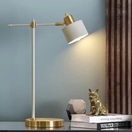 OYEARS Modern Industrial Desk Lamp for Reading LED 22.2“ Metal Table Lamp Light for Office Bedroom Study Room Living Room Nightstand Bedside Lamps Gold and Matte Cream Accent (Cream, Bulb Included)