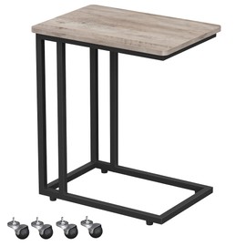 VASAGLE End Table, C Shaped TV Tray with Metal Frame Rolling Casters, Industrial Side Table for Living Room Bedroom, 19.7 x 13.8 x 23.6 Inches, Greige and Black