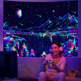 Zussun Blacklight Mountain Tapestry Starry Night Tapestries for Bedroom Aesthetic Moon and Stars Tapastry Wall Hanging Glow in The Dark Nature Forest Wall Tapestry for Living Room Dorm (60'' × 44'')