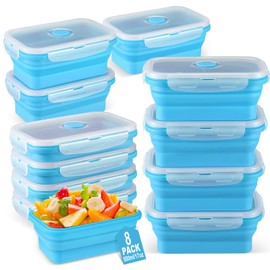 Mifoci Set of 8 Silicone Collapsible Food Storage Containers 17 oz Collapsible Meal Prep Container Square Collapsible Bowl with Vent Lids, Microwave, Freezer and Dishwasher Safe (Blue)