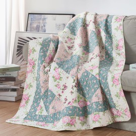 Chezmoi Collection Gayle 1-Piece Cotton Patchwork Quilted Throw - Vintage Washed Floral, Soft Breathable Reversible Quilt for All Seasons. Throw Blanket