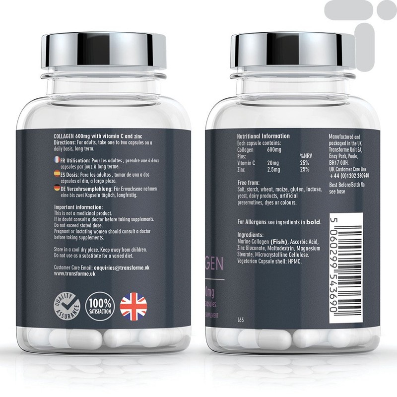 Transforme Marine Collagen Capsules 600mg - 1200mg Serving, Hydrolysed Collagen