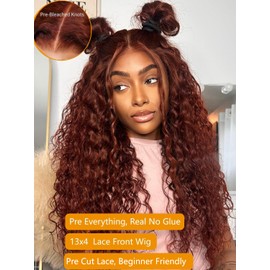 Julia Hair Water Wave Pre Everything Glueless Wig Reddish Brown 13x4 Pre Cut Lace Front Wigs Human Hair For Beginner Pre Bleached Bye Bye Knots Wig Pre Plucked Put on and Go Copper Red Color 22 Inch