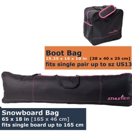 Athletico Two-Piece Snowboard and Boot Bag Combo | Store & Transport Snowboard Up to 165 CM and Boots Up To Size 13 | Includes 1 Snowboard Bag & 1 Boot Bag (Black with Pink Trim)