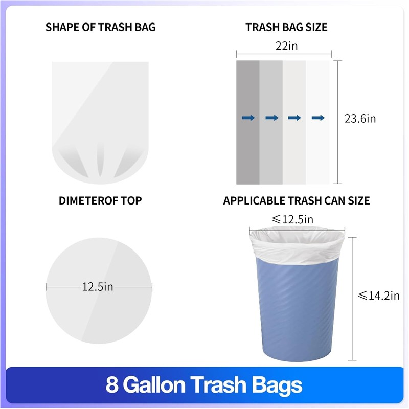 Trash Bags 8 Gallon, 60 Count Kitchen Garbage Bags, with