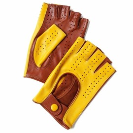 ACABA Bikolore Driving Gloves, HB MITAINE BICOLORE Lamb Leather, Made in Italy, Half Finger Gloves, Unisex, Motorcycle, Touring, Yellow x Cognac