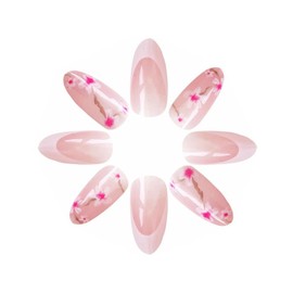 MISUD Almond Press on Nails Medium Fake Nails Glossy Glue on Nails White French Tip Acrylic Nails Stiletto Artificial Nails Spring Pink Flower Stick on False Nails with Design 24 pcs