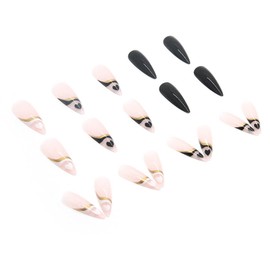 SINLOV 24pcs Oval Almond Full Cover Fake Nails White Black Long French Matter False Nails Love Heart False Nail Stick on Nails for Women and Girls
