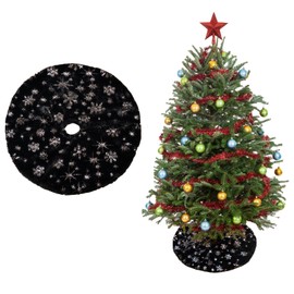 Christmas Tree Skirt Decoration 15" Mini Plush Black Faux Fur with Silver Sequin Snowflake Xmas Tree Skirt Deco for Merry Christmas Party Holiday Deco
