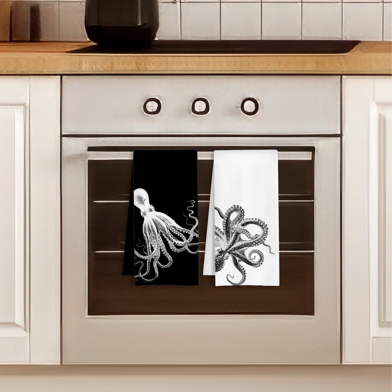 HSIASHENG Black and White Octopus Coastal Kitchen Towels, Beach Nautical