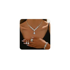 XFSRG Damen Schmuck Set Strassstein Ohrringe Halskette Armband Ring Klassisch 4 Stück Frauen Schmuck mit Cubic Hypoallergene Modeschmuck Geschenke