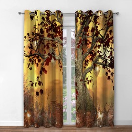 Jekeno Fall Tree Blackout Curtains Autumn Tree Room Decor Moonlight Butterfly Lantern Glittering Firefly Print Grommet Window Drape for Bedroom Living Room 2 Panel Set, 42"x63"