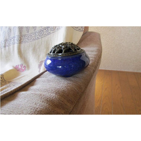 YISHUI HP0025 Ceramic Incense Burner Incense Holder with Stand, Diameter 3.7 inches (9.5 cm), Aroma, Ceramic, Round Incense Burner, Incense Holder, Antique Modern Style, Lid Included, Stick (Navy)