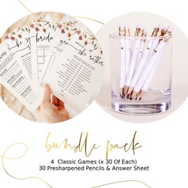 Wildflower Bridal Shower Games Bundle – 4 Elegant Bridal Shower Games for 30 Guests + 30 Gold-Foil Heart Pencils, Double-Sided Floral Cards, Perfect for Bridal Showers & Weddings