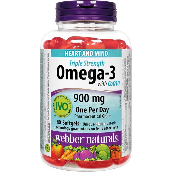 Webber Naturals Triple Strength Omega-3 with CoQ10 enteric coated 900 mg Omega-3 (EPA • DHA)/ 100 mg CoQ10, 80caps