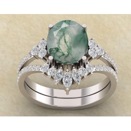 Oval Shape Natural Moss Agate Gemstone Wedding Ring Set, 925 Sterling Silver Nature Inspired Moss Agate Unique Dainty Branch Statement Ring, Gift for Her (PR-OVAL-B, 6)