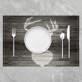 jejeloiu Deer Placemats Set of 4, Deer Hunting Antlers Placemats 18x12 inch, Western Wildlife Animal Washable & Durable Table Placemats, Wooden Stripes Indoor/Outdoor Use Table Mats
