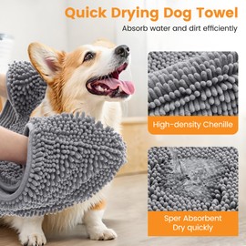 Smiry Chenille Dog Towel, Extra Absorbent Bath Towel for Mud Dogs, Super Soft Quick Dry Machine Washable Wash Mitt for Bathing, Grooming & Post-Walk Cleaning (15x38 Inches, Grey)