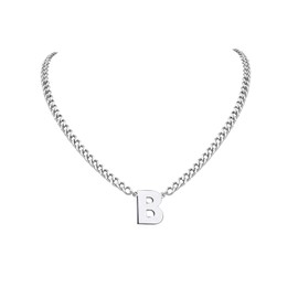 PIYIZ Alphabet Necklace Silver Necklace Stainless Steel Cuban Link Chain Fashion A-Z Name Letter B Pendant Initial Necklaces for Men Women Valentines Jewelry for Boyfriend