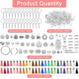 350Pcs Motivational Keychain Accessories Set with 50 Engraved Inspirational Words Charms, 50 Leather Keychain Tassels, 50 Keyring with Chain, 200 Open Jump Rings for Keychain Making, DIY Crafting
