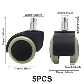 Office Chair Wheels Replacement Rubber Chair casters(Set of 5) for Hardwood Floors and Carpet- Heavy Duty Caster Support up to 750bls,2 Inch 11mm Universal Standard Size (Black/Gray)